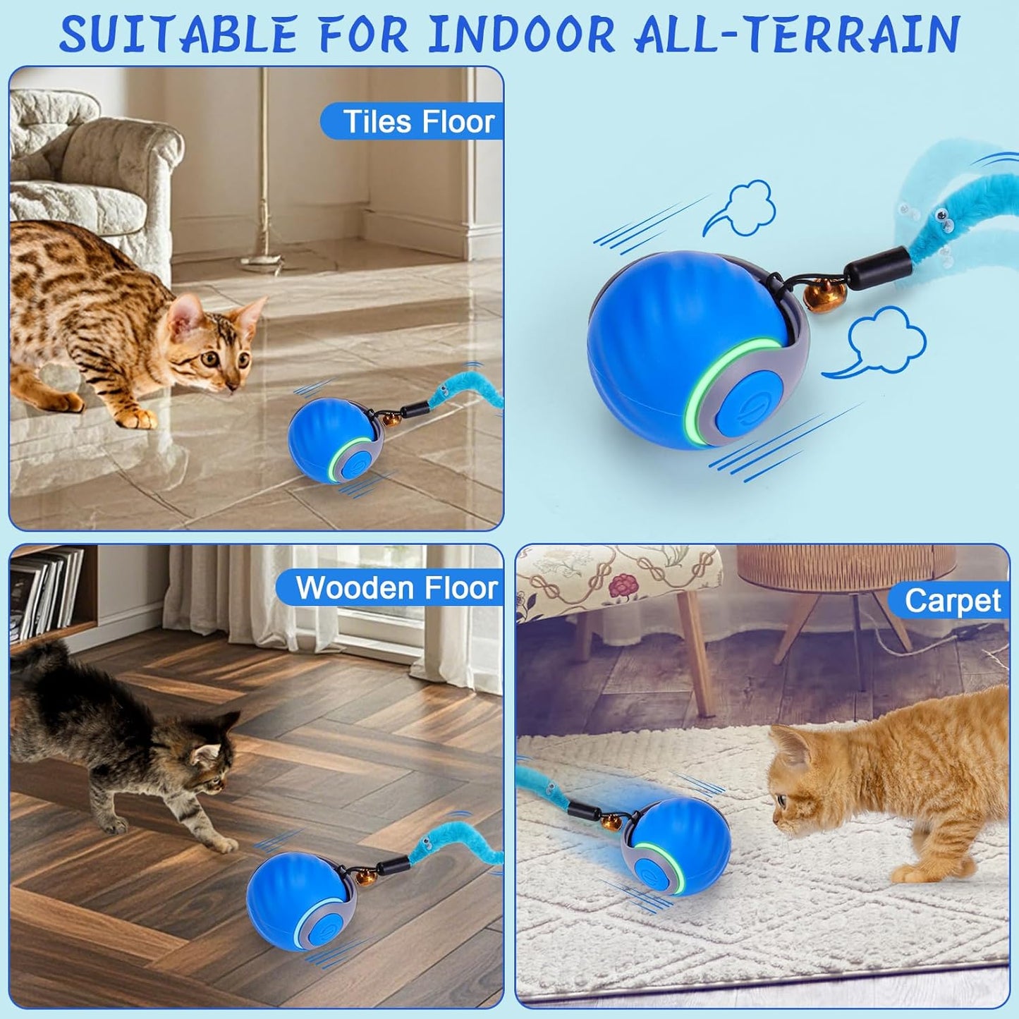 BABORUI Interactive Cat Toy Ball - Automatic Interactive Cat Toys for Indoor Cats with 3 Tails